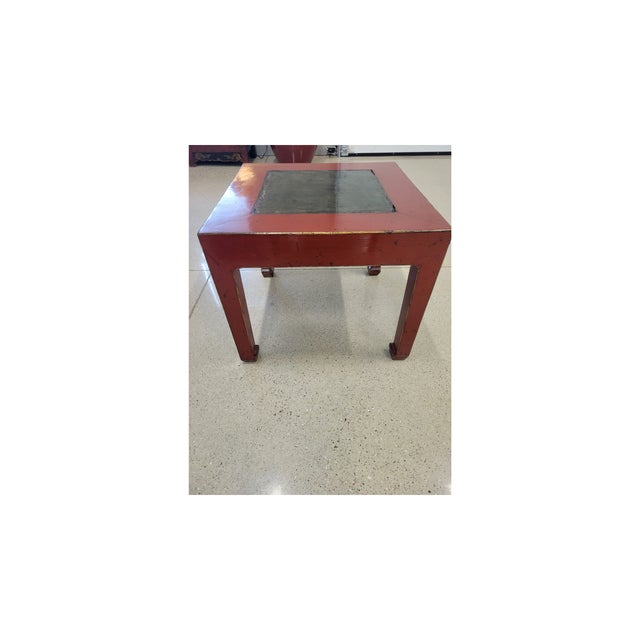 Antique Chinese Red Painted Side Table With Inset Slate Stone Top For Sale - Image 4 of 11