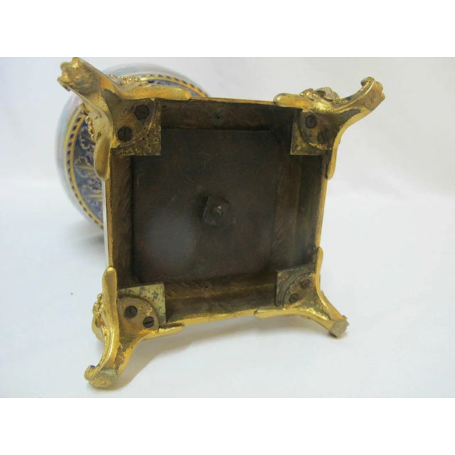 Royal Blue Painted Cherubs Antique Cobalt Bleu De Roi Gilt Metal French Lidded Urn For Sale - Image 8 of 9