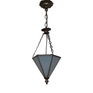 Art Deco Ceiling Lamp with Hexagonal Bluish Tinted Relief Glass Shade, Nickel Mount & Nickel Chain, 1930s For Sale