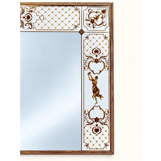 Large horizontal bistro/brasserie mirror in reverse-painted glass, Belle Époque period, circa 1900-1910. The border is...