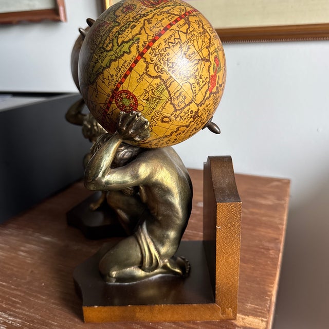 20th Century MCM Brass Hercules and Globe Bookends For Sale - Image 6 of 12