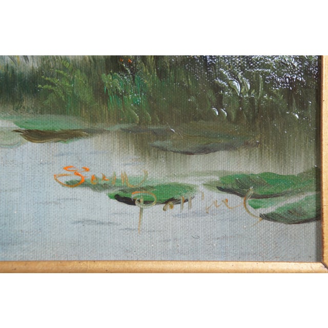 Wood Mid 20th Century Vintage Impressionist Style Water Lily Pad Landscape Painting Oil on Canvas, Framed For Sale - Image 7 of 12