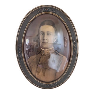 Antique u.s. Officer Portrait in Convex Glass Oval Frame With Blue & Gold Floral Detail For Sale