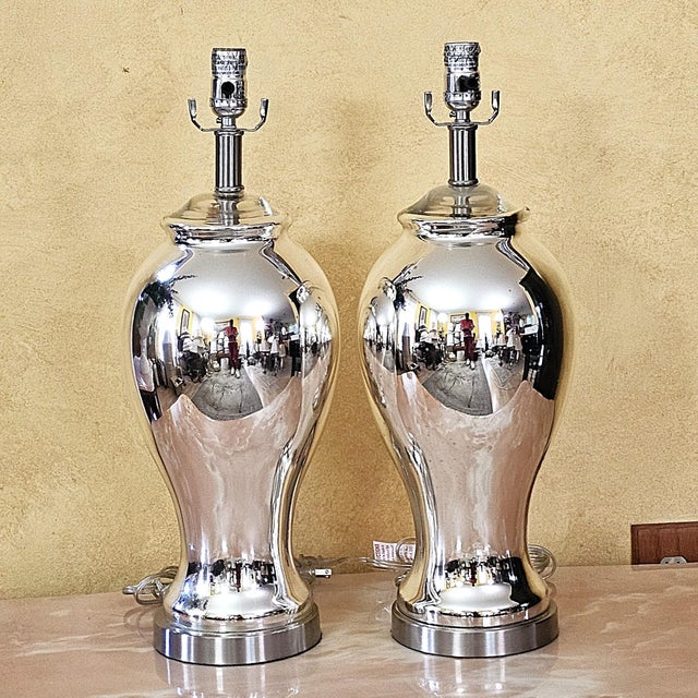 Pair of Vintage Mercury Glass Table Lamps With Light-Gray Drum Shades For Sale - Image 14 of 18