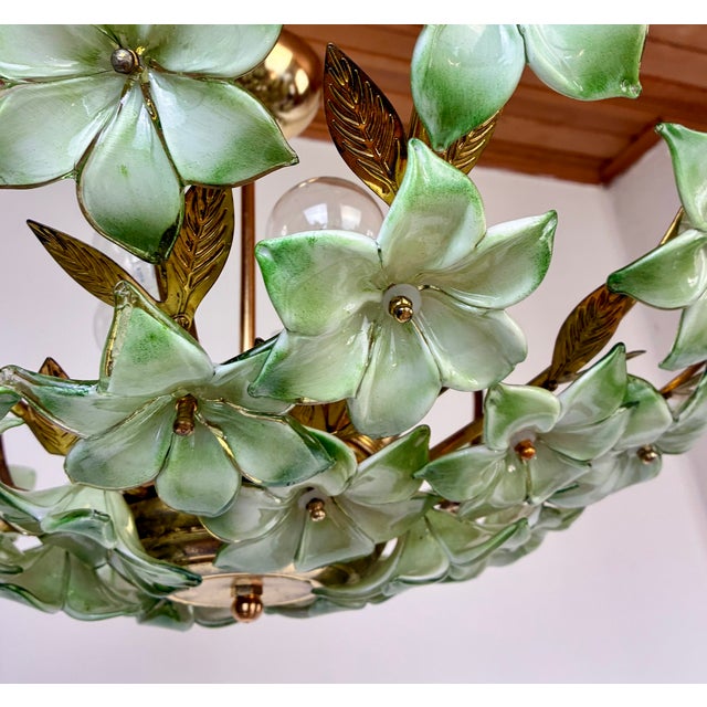1970s Vintage Murano Style Hand-Painted Green Glass Floral Flush Mount Chandelier⁠ For Sale - Image 4 of 18