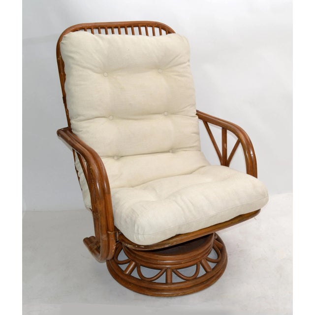 1970s Vintage Bamboo & Wicker High Back Lounge Chair Beige Linen Upholstery - Pair For Sale - Image 5 of 13