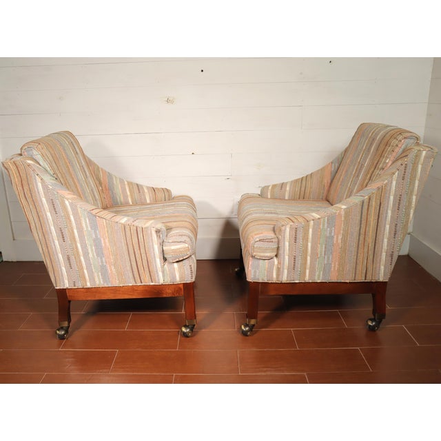 Traditional Vintage Pair 80's Club Lounge Chairs on Casters With 3d Textured Coogi Style Fabric English Regency For Sale - Image 3 of 9