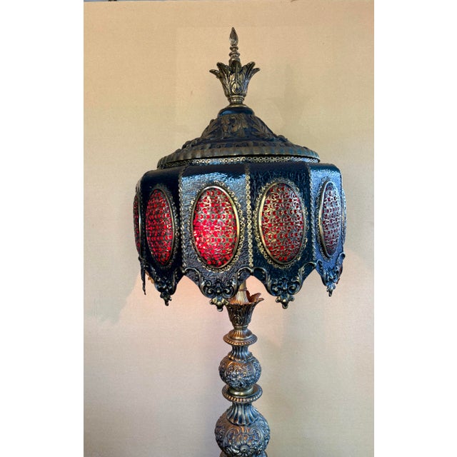 Mid-Century Modern Vintage Loevsky & Loevsky Hollywood Regency Brass Table Lamp – L&l 43” Tall Moroccan Filigree Shade – Metal Casting Co. – Large Ornate Statement Lamp For Sale - Image 3 of 12