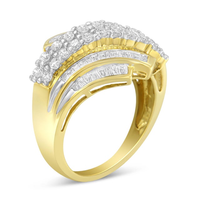 Elegant and timeless, this 10K yellow gold diamond statement ring features 1.0 carat total weight of diamonds with 64...