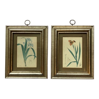 1970’s 2 Small Botanical Floral Prints Nicely Framed Silver Leaf- A Pair For Sale