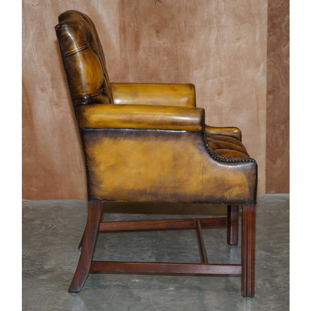 Restored Brown Leather Chesterfield Club Armchairs in the Style of Thomas Chippendale, Set of 8 For Sale - Image 16 of 18