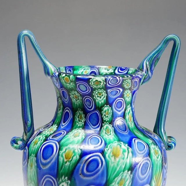 Large Antique Millefiori Vase with Handles from Toso Murano Brothers, 1910 For Sale - Image 5 of 11