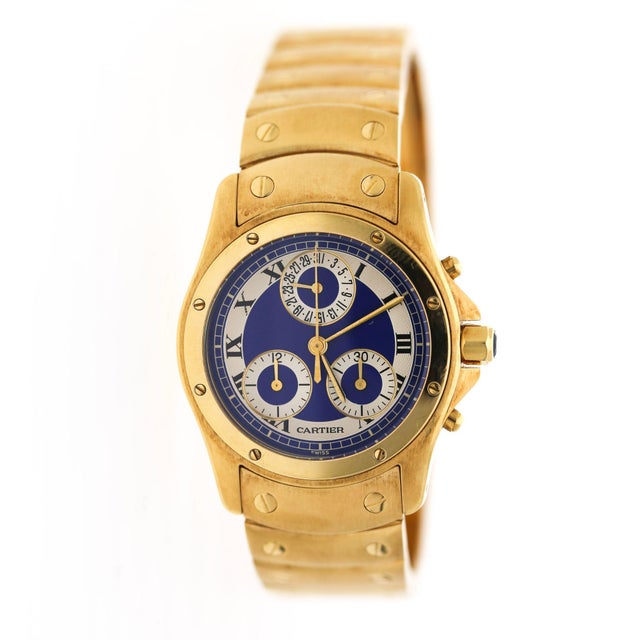Vintage Cartier Ronde Blue Chronograph 18k Gold 30mm Watch For Sale In Miami - Image 6 of 11