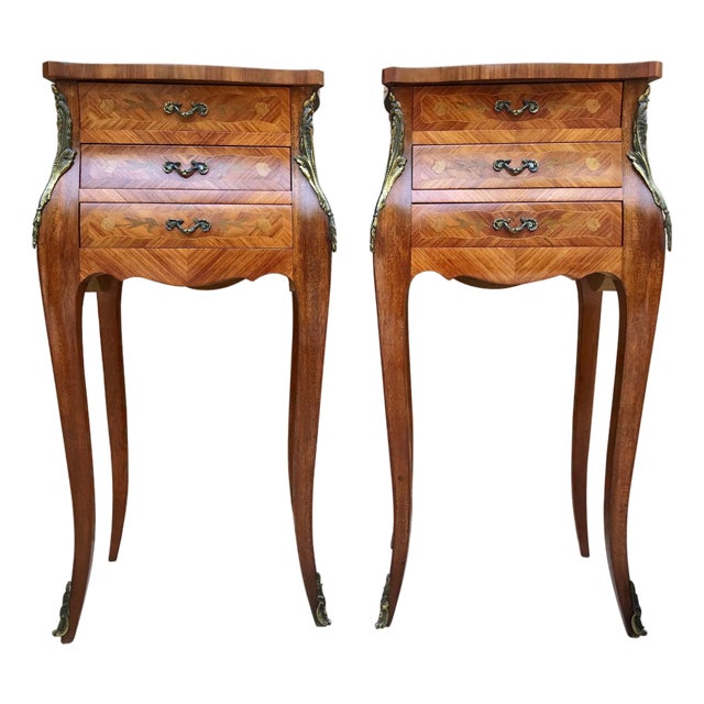 French Classic Louis Vx Style Marquetry Nightstands with Three Drawers, 1920s, A Pair For Sale