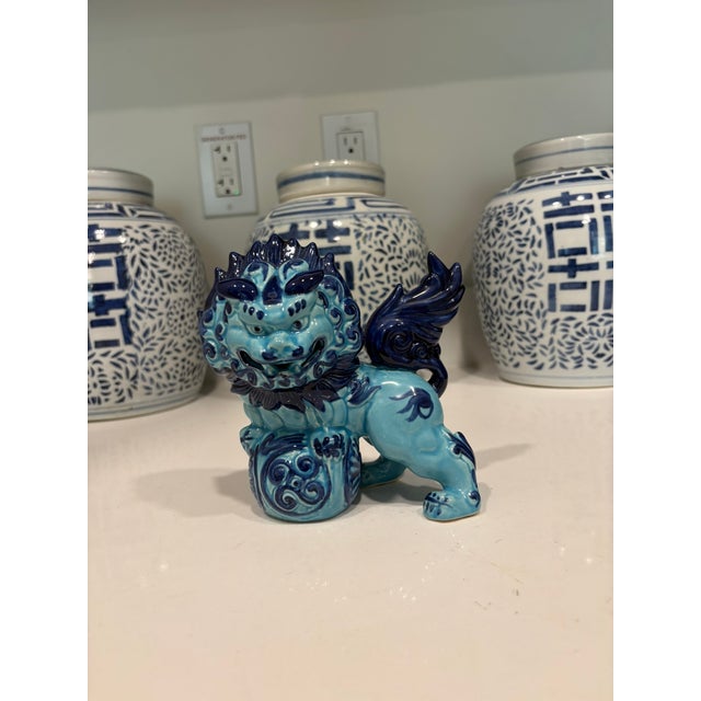 Chinoiserie Vintage Turquoise Blue Ceramic Foo Dog Guardian Lion Figurine For Sale - Image 3 of 8
