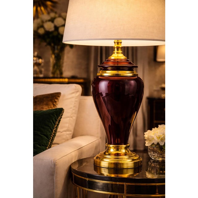 Hollywood Regency Eggplant & Brass Table Lamp With New 17” Shade For Sale - Image 12 of 12