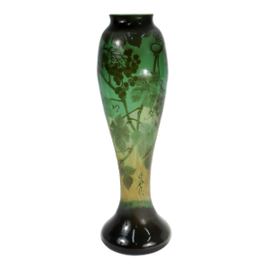 Very Large Antique Signed Gallé French Art Nouveau Green Cameo Art Glass Vase