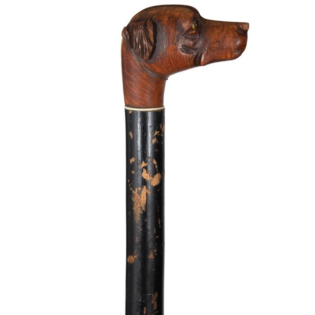 Wood Antique English Carved Folk Art Dog Head Cane Over Ebonized Black Shaft For Sale - Image 7 of 9