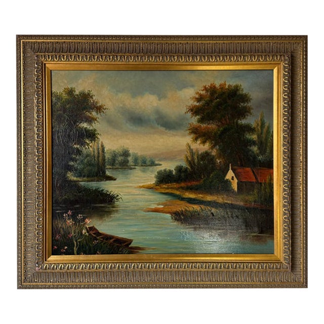 Vintage European Countryside River Landscape Oil Painting on Canvas – Framed For Sale