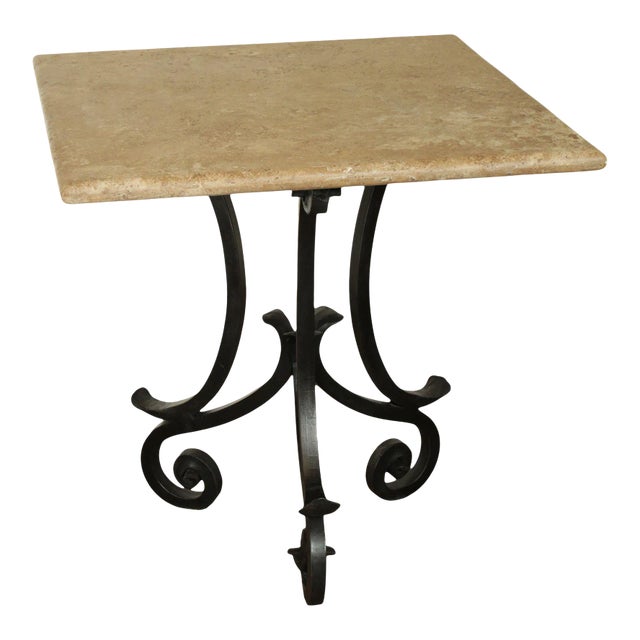 Hand Forged Iron Base 42" Pub Table Square Travertine Top For Sale