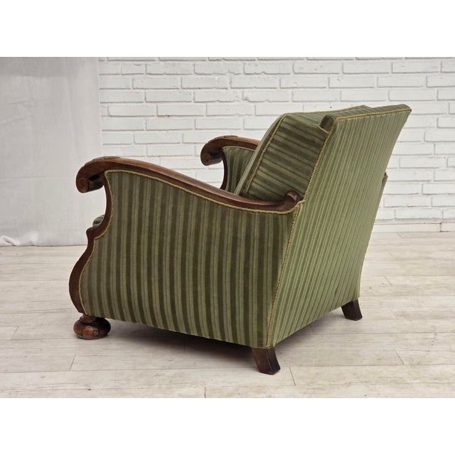 Wood Vintage Danish Carved Oak Lounge Chair with Green Velour Upholstery, 1950s For Sale - Image 7 of 18