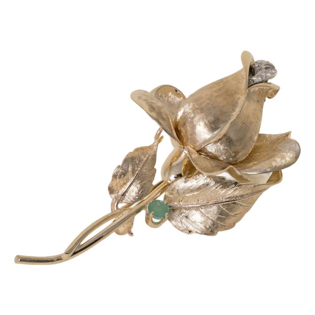 Vintage 14k Gold Rose Flower Diamond and Emerald Brooch For Sale
