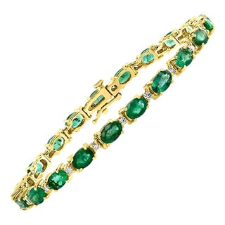 8 Carat Emerald and Diamond Tennis Bracelet 14 Karat Yellow Gold For Sale