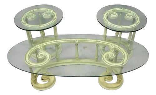 Italian Provincial Scrollwork Snail Glass Top Wooden Coffee Table Set - 3 Pc Set