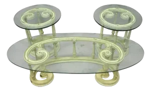 Italian Provincial Scrollwork Snail Glass Top Wooden Coffee Table Set - 3 Pc Set