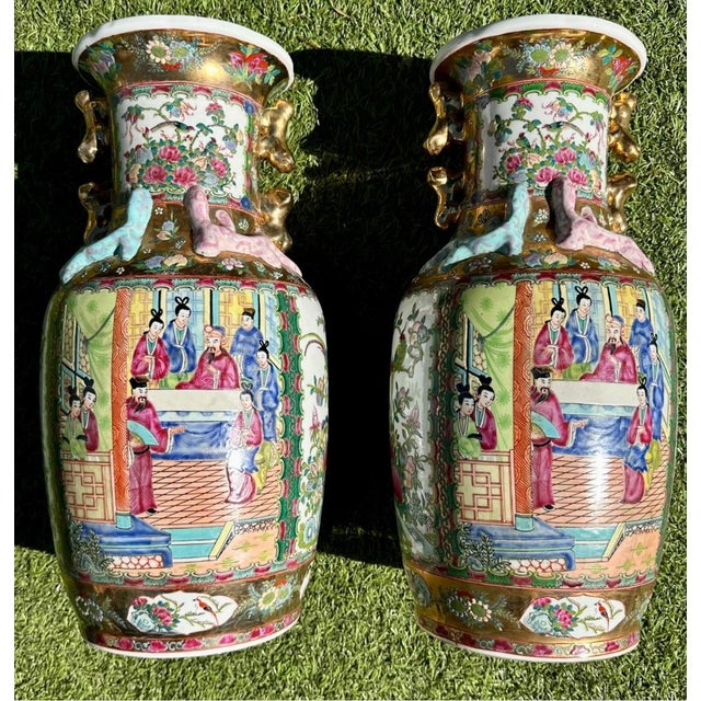 Pair of Large Antique Famille Rose Medallion Chinese Vases With Rosewood Stands For Sale - Image 17 of 18