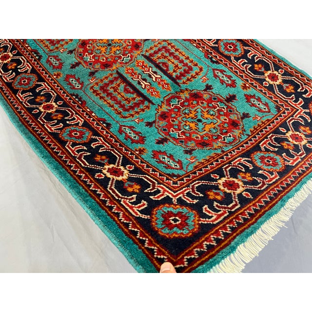 Turquoise Floral Geometric Tribal Wool Runner, 2'9" X 6'7" For Sale - Image 13 of 13