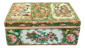 Antique Chinese Famille Rose Canton Lidded Pen Box, 1860