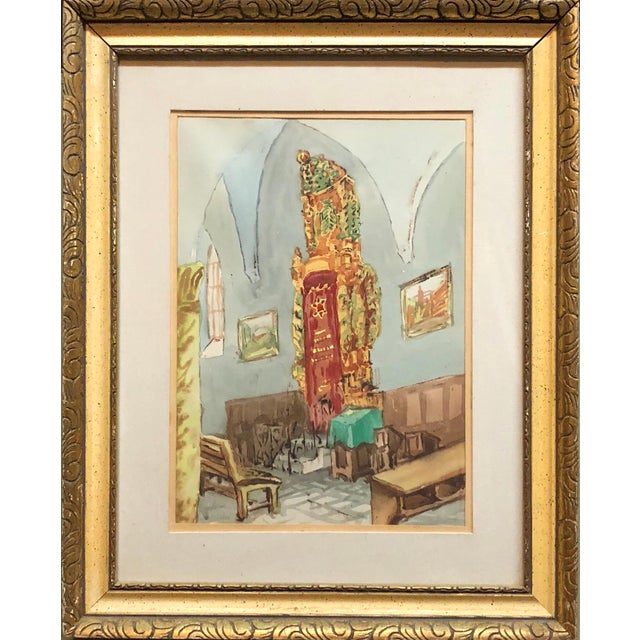 Modern Zvi Ehrman, Israeli Modernist Safed Synagogue Interior Folk Art Watercolor Painting For Sale - Image 3 of 6