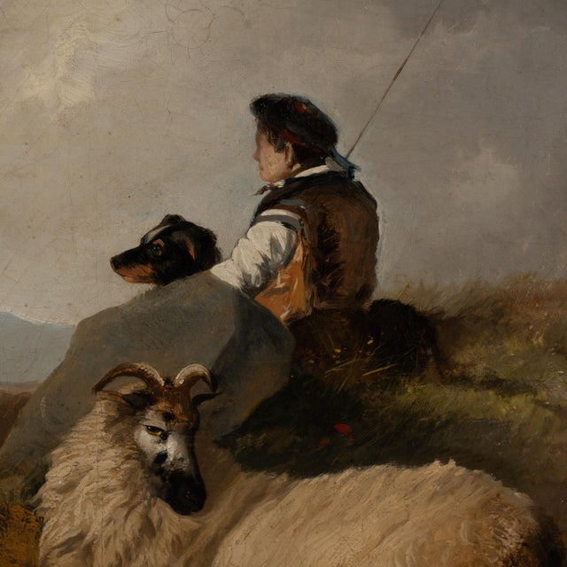 19th Century 19th Century Large Oil on Canvas of Scottish Highland Sheep and Shepherd For Sale - Image 5 of 12