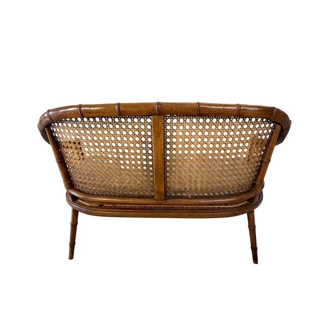 Tan Chinoiserie Faux Bamboo & Caned Barrel Back Settee Loveseat For Sale - Image 8 of 12