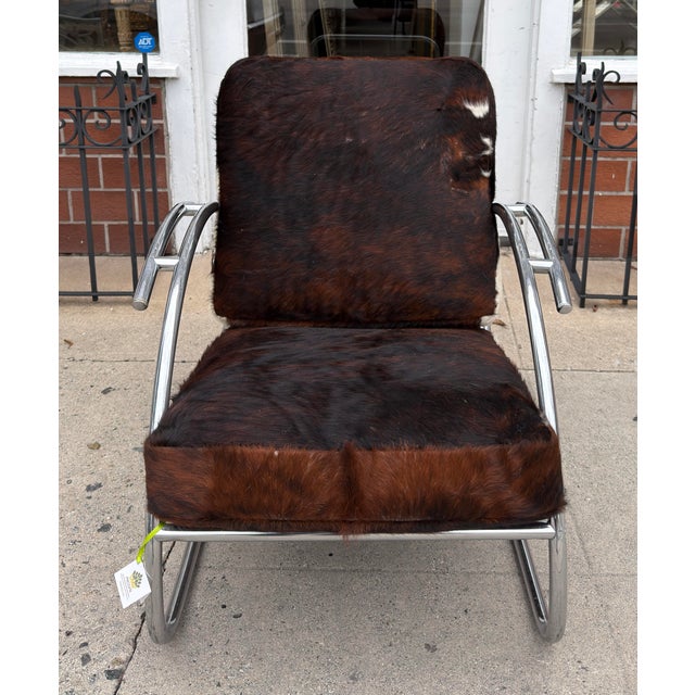 Art Deco Streamline Moderne Art Deco Tubular Chrome Chair W Cowhide Leather For Sale - Image 3 of 7