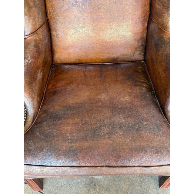 Pair of English Georgian Style Wingback Armchairs - Distressed Brown Leather For Sale - Image 10 of 17