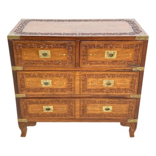 C. 1950s Anglo-Indian Small Campaign Style Rosewood Jewelry Chest With Brass Inlay For Sale