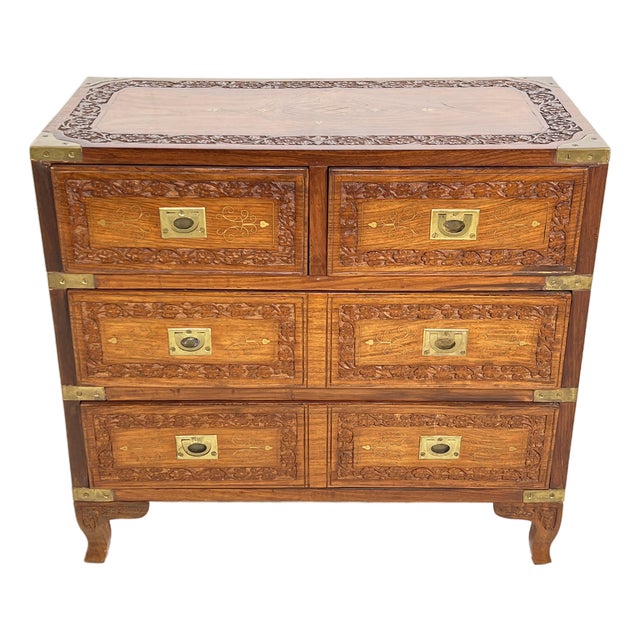 C. 1950s Anglo-Indian Small Campaign Style Rosewood Jewelry Chest With Brass Inlay For Sale
