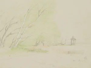 H. Christianen, on the Lakeshore Under Trees, 20th-Century, Pencil