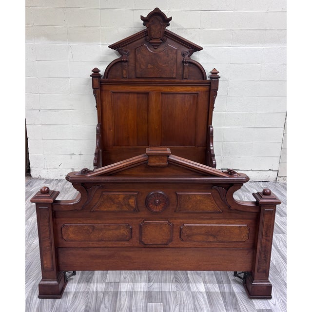 Late 19th Century Antique Full Size Victorian Monumental Carved Walnut Burl Wood Bed For Sale - Image 5 of 13