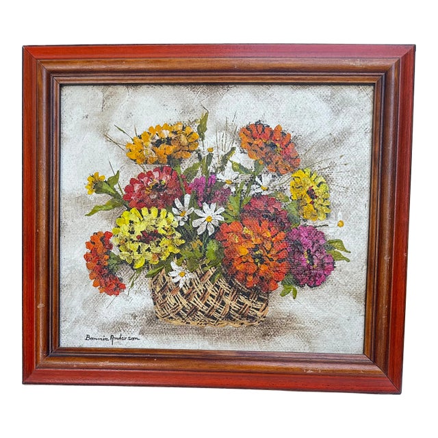 1960s Oil on Canvas Board Basket of Flowers Still Life Painting Bonnie Anderson Signed Framed For Sale