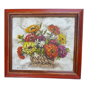 1960s Oil on Canvas Board Basket of Flowers Still Life Painting Bonnie Anderson Signed Framed