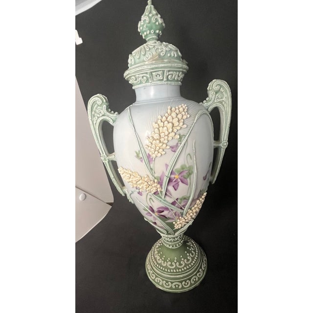Antique Nippon Hand-Painted Moriage Covered Urn Vase – 13” For Sale - Image 9 of 12