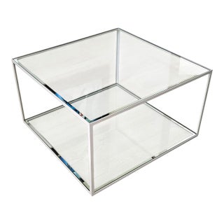 Vintage Dux Sweden Minimalist White Metal Frame Two-Tier Glass Coffee Table For Sale
