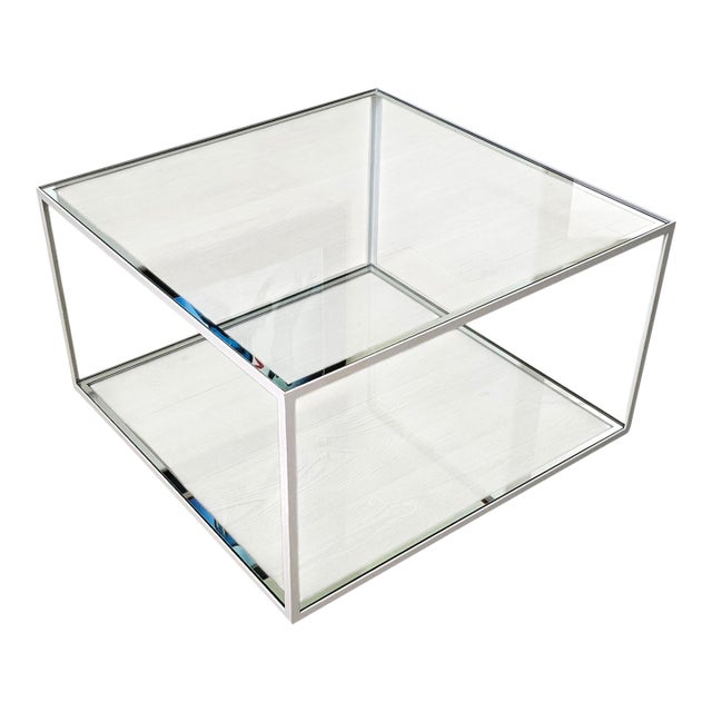 Vintage Dux Sweden Minimalist White Metal Frame Two-Tier Glass Coffee Table For Sale