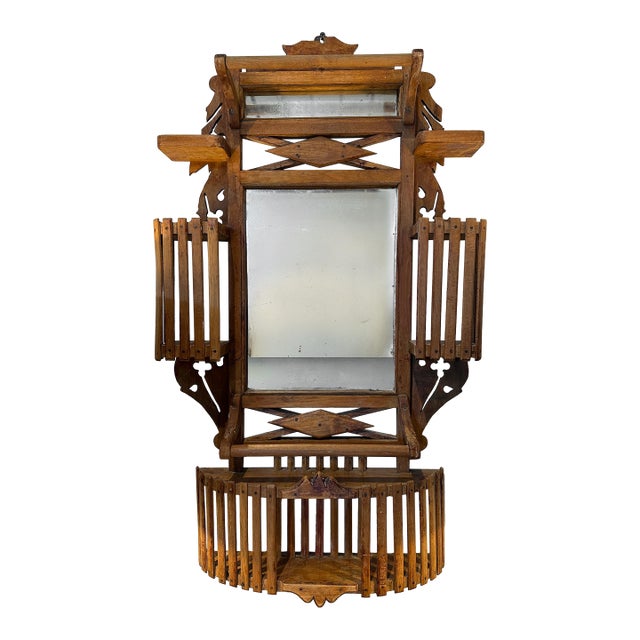 Antique Eastlake Walnut Shaving Mirror With Walnut Slat Wood Design For Sale