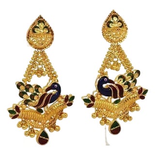 Mid 20th Century A Pair Multicolor Enamel Peacock 22k Gold Chandelier Earrings For Sale
