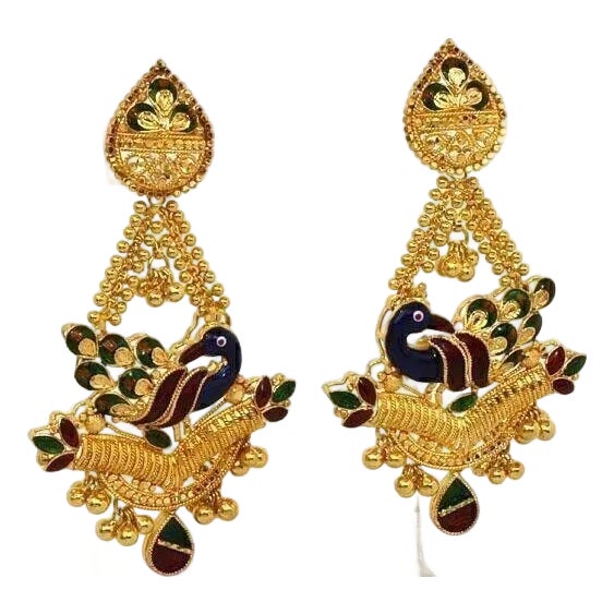 Mid 20th Century A Pair Multicolor Enamel Peacock 22k Gold Chandelier Earrings For Sale