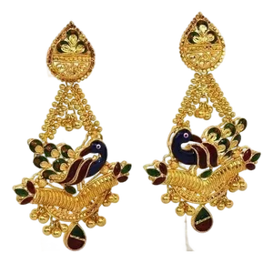 Mid 20th Century A Pair Multicolor Enamel Peacock 22k Gold Chandelier Earrings